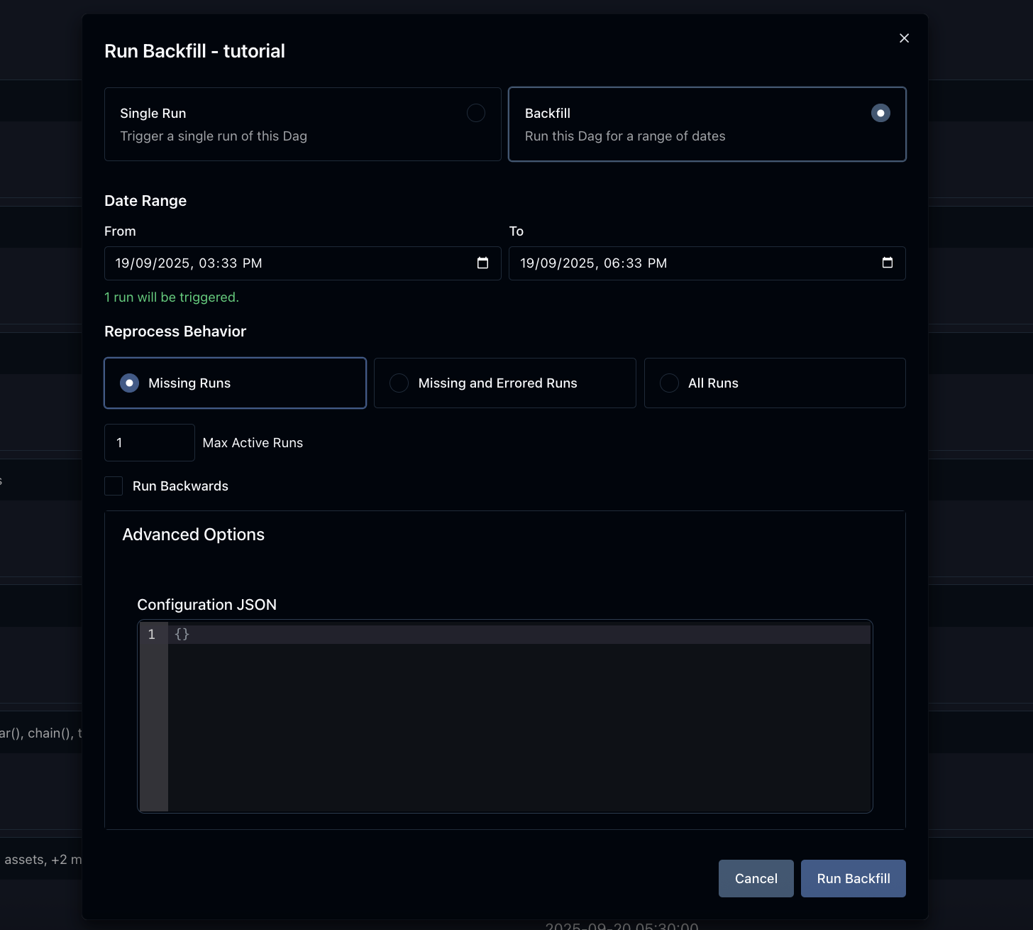 Dag Trigger Window - Backfill (Dark Mode)